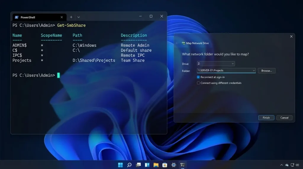 PowerShellでSMB共有状態を確認しネットワークドライブを割り当てている画面