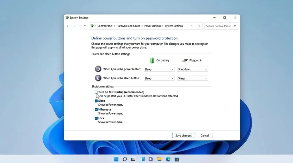 電源オプションの設定画面で高速スタートアップを有効にするのチェックを外している様子