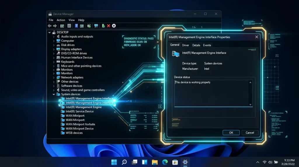 デバイスマネージャーでIntel Management Engine Interfaceのプロパティを確認している画面