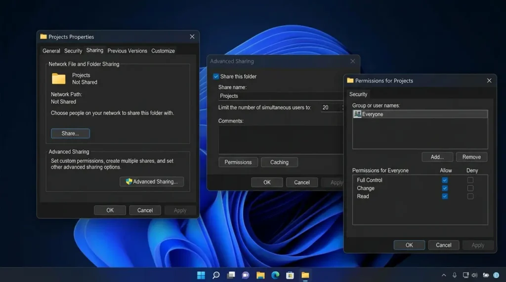 Windows 11でフォルダーのプロパティから共有アクセス権を設定している画面