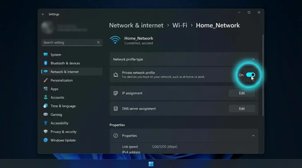 Windows 11の設定画面でネットワークプロファイルをプライベートに変更している様子