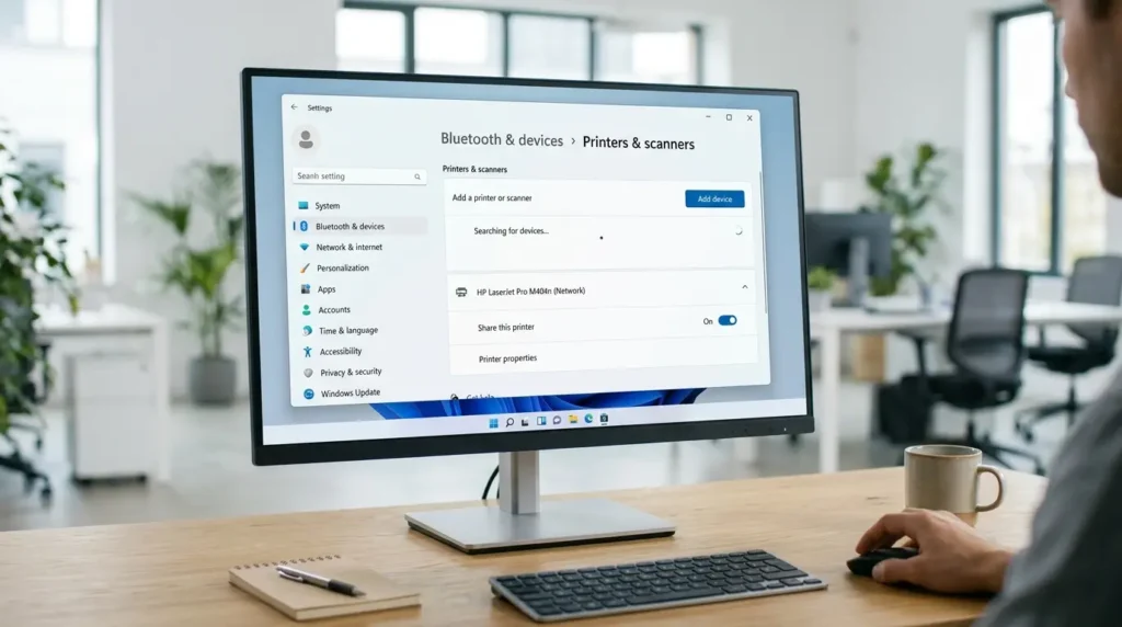 Windows 11のプリンターのプロパティでこのプリンターを共有するにチェックを入れている様子